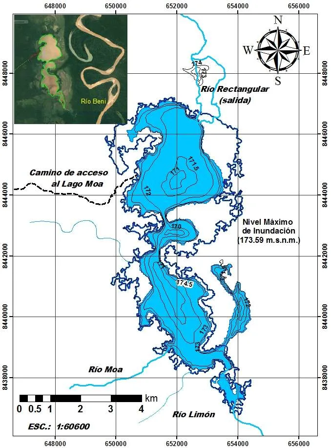 Mapa de batimetría del Lago Moa con curvas de profundidad y los ríos Moa y Limón